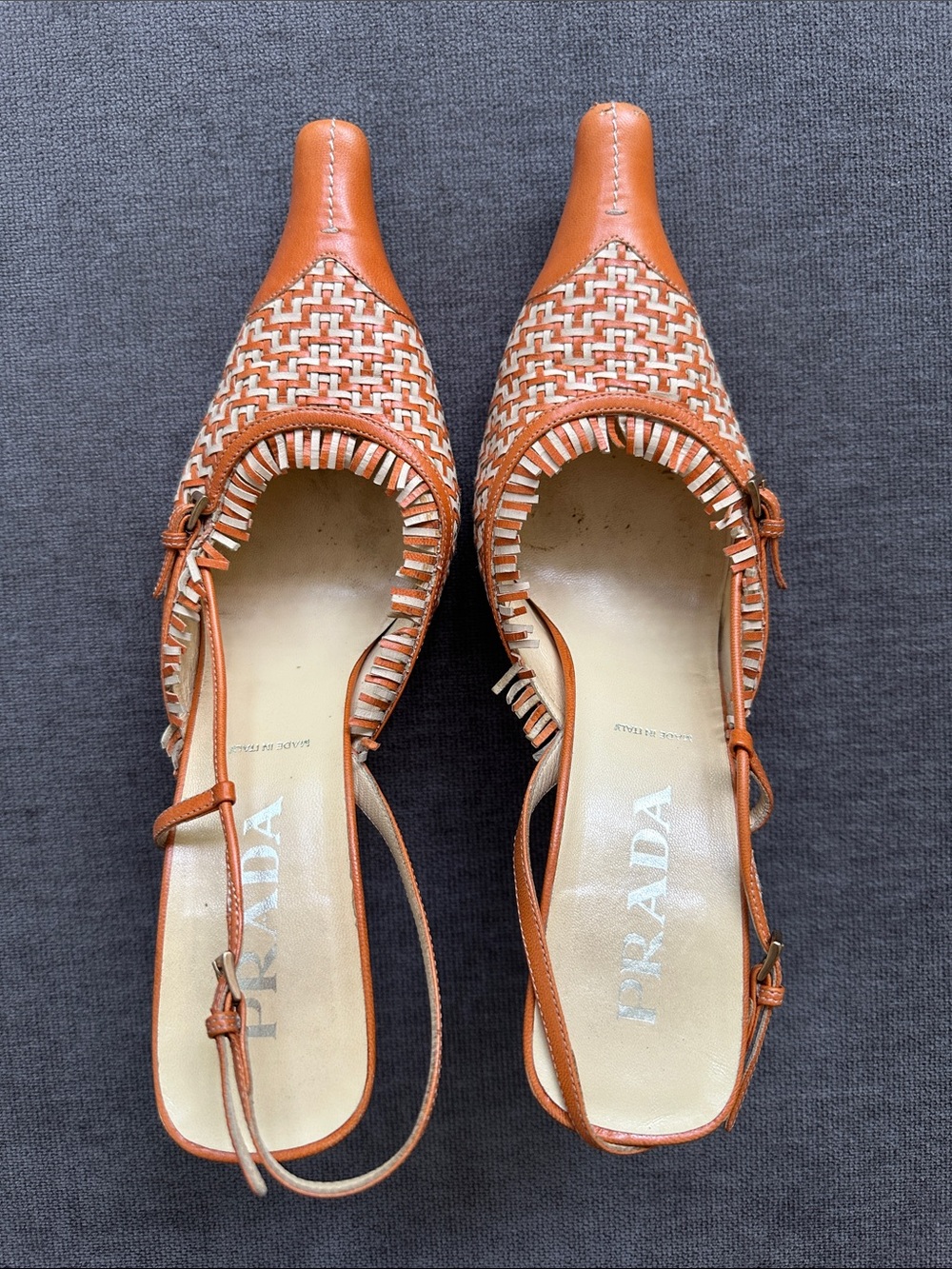 Prada Tan and Cream Woven Leather Slingback Mules